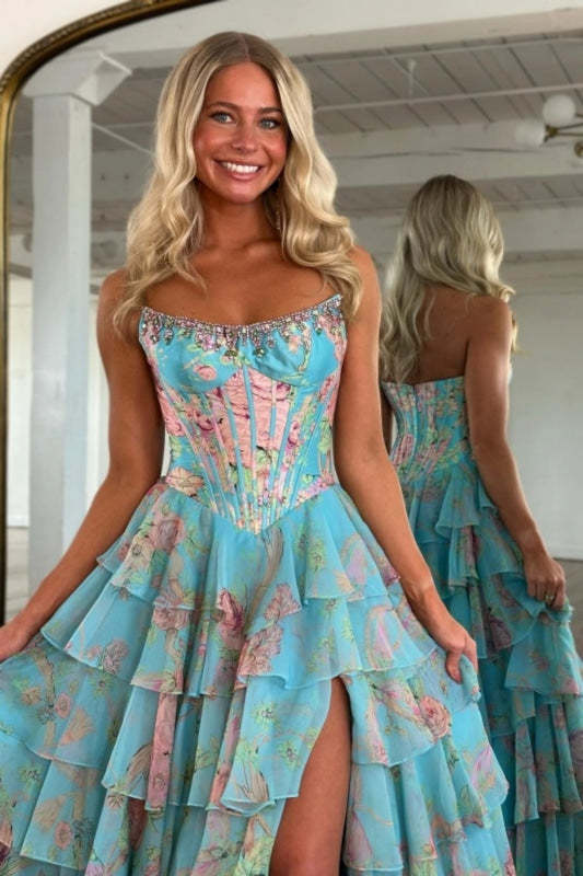 Strapless Floral Tulle Aline Evening Dress Front Split Corset Prom Dress - Prom Dresses