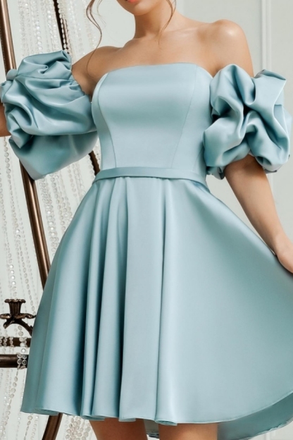 Strapless Light Blue Satin Knee length Homecoming Dresses