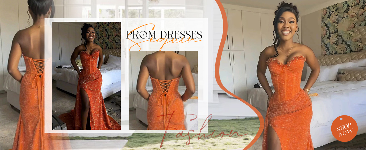 strapless orange mermaid prom dress