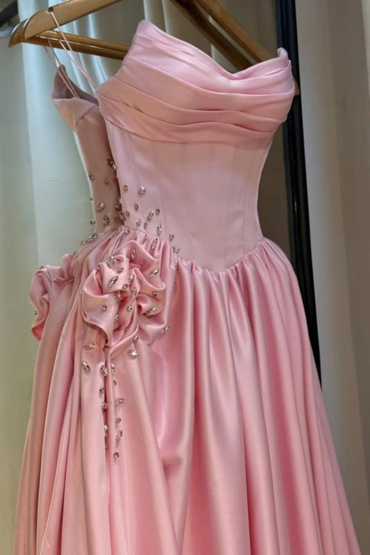 Strapless Pink Evening Dress Long with Front Split Flowers Satin Prom Dress - Evening Dresses
