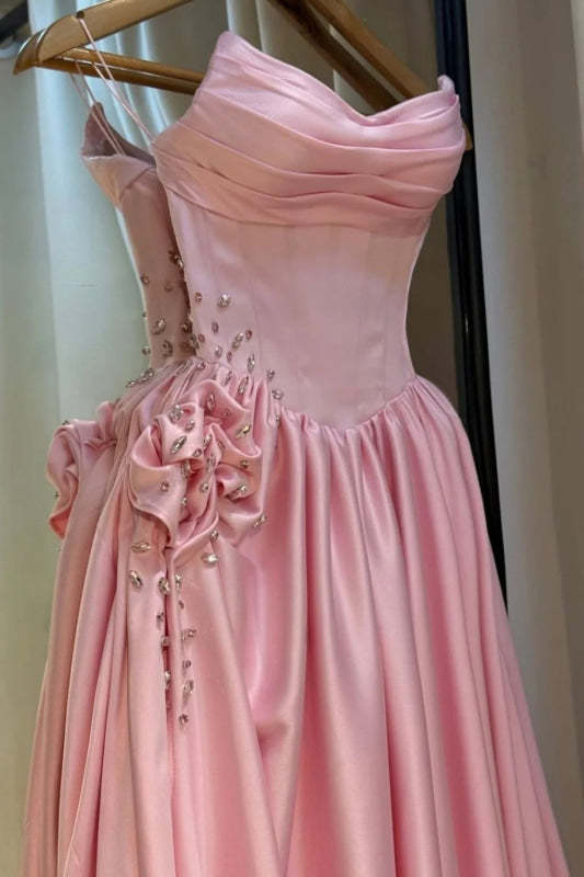 Strapless Pink Evening Dress Long with Front Split Flowers Satin Prom Dress - Evening Dresses
