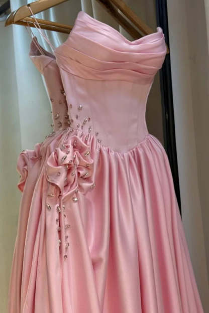 Strapless Pink Evening Dress Long with Front Split Flowers Satin Prom Dress - Evening Dresses