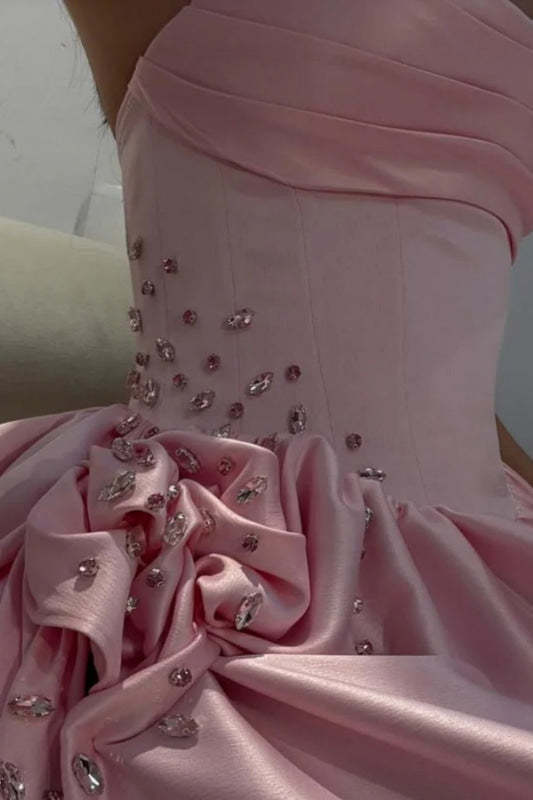 Strapless Pink Evening Dress Long with Front Split Flowers Satin Prom Dress - Evening Dresses