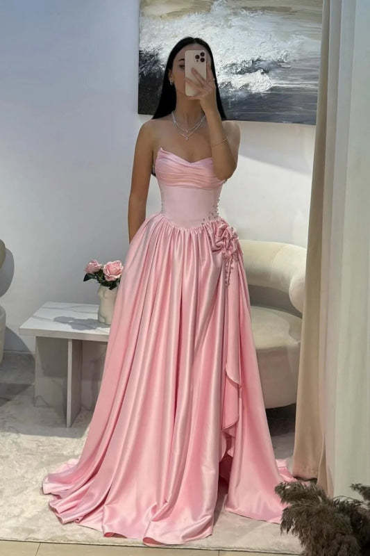 Strapless Pink Evening Dress Long with Front Split Flowers Satin Prom Dress - Evening Dresses