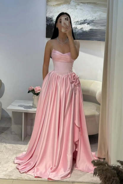 Strapless Pink Evening Dress Long with Front Split Flowers Satin Prom Dress - Evening Dresses