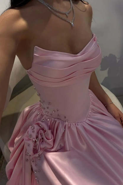 Strapless Pink Evening Dress Long with Front Split Flowers Satin Prom Dress - Evening Dresses