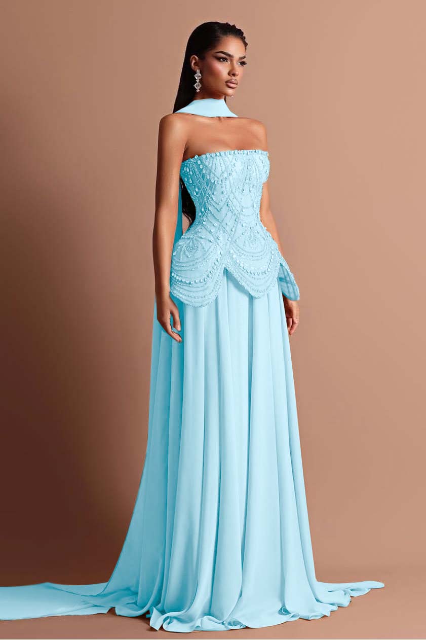 Sky Blue Strapless Ruffle Chiffon Prom Dress Long with Wrap