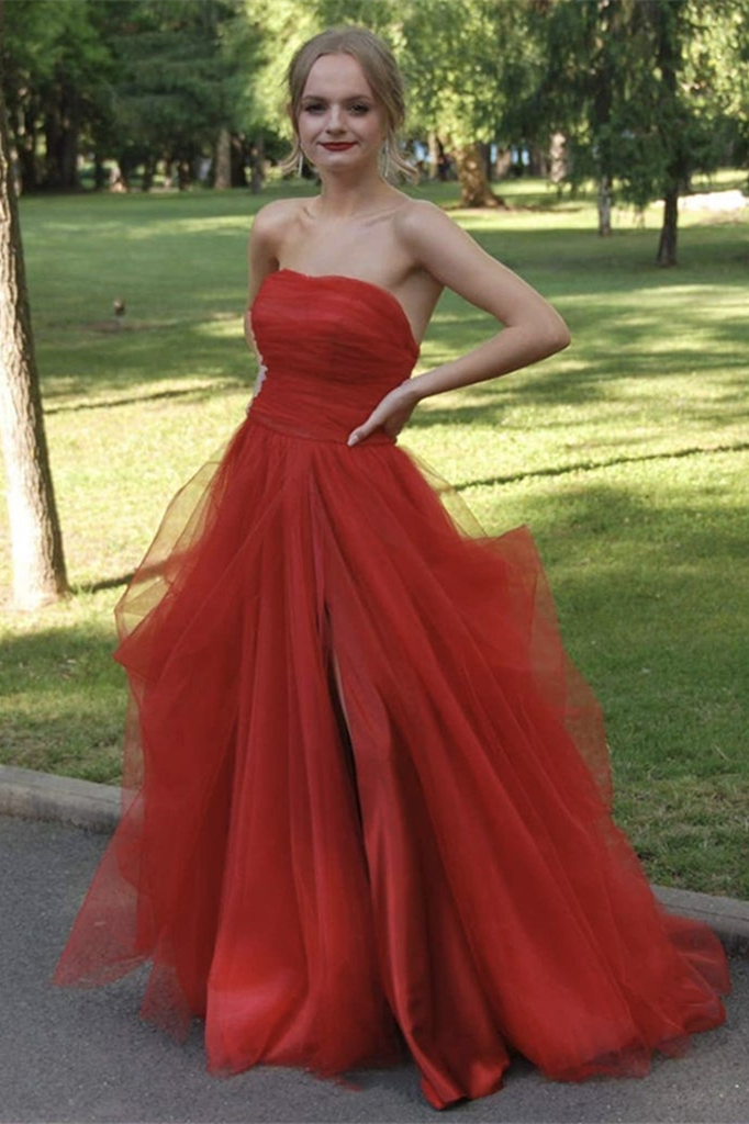 Strapless Red Tulle High Split Ruffles Prom Dresses