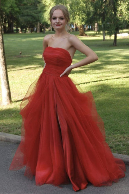Strapless Red Tulle High Split Ruffles Prom Dresses