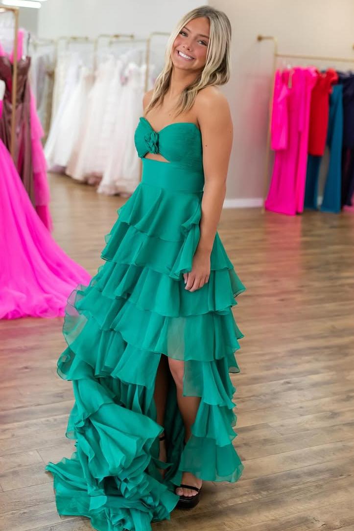Sweetheart Ruffles Chiffon Aline Evening Prom Dress with Front Split