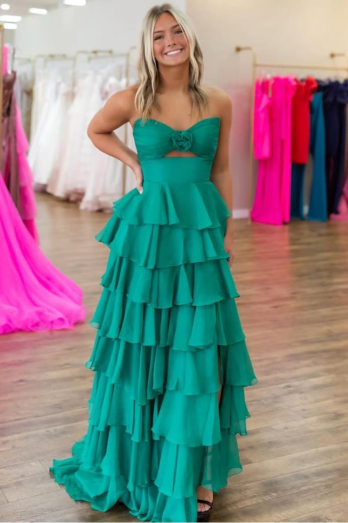 Sweetheart Ruffles Chiffon Aline Evening Prom Dress with Front Split