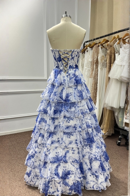 Strapless Chiffon Floral A-Line Long Prom Dresses with Slit