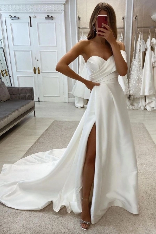 Strapless Ruched Satin Wedding Dress Simple Front Split Bridal Dress