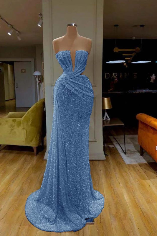 Sequins Sleeveless Gorgeous White Strapless Prom Dress With Pleated Online