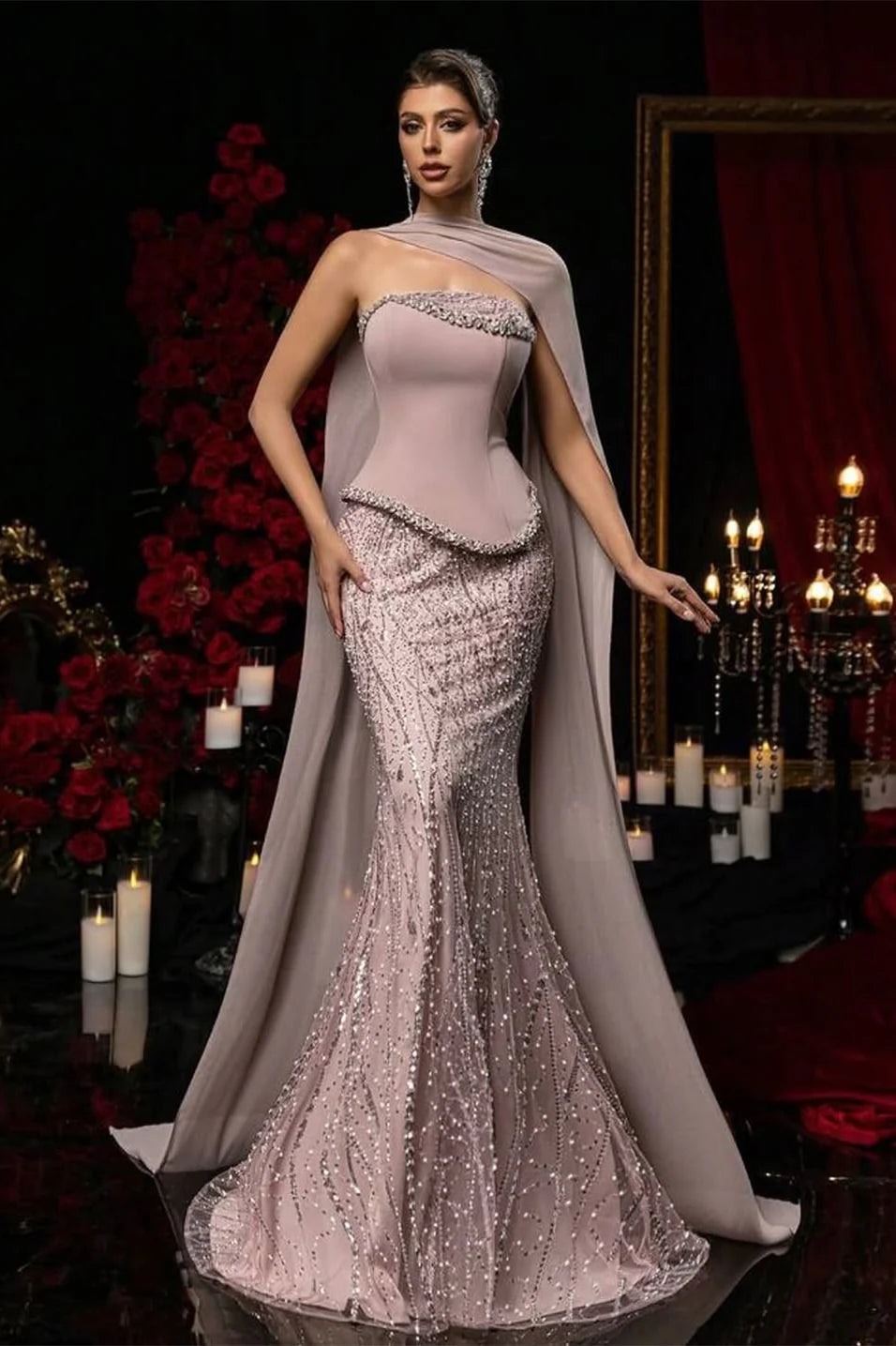 Charming Strapless Beadings Satin Prom Dress Mermaid with Cape