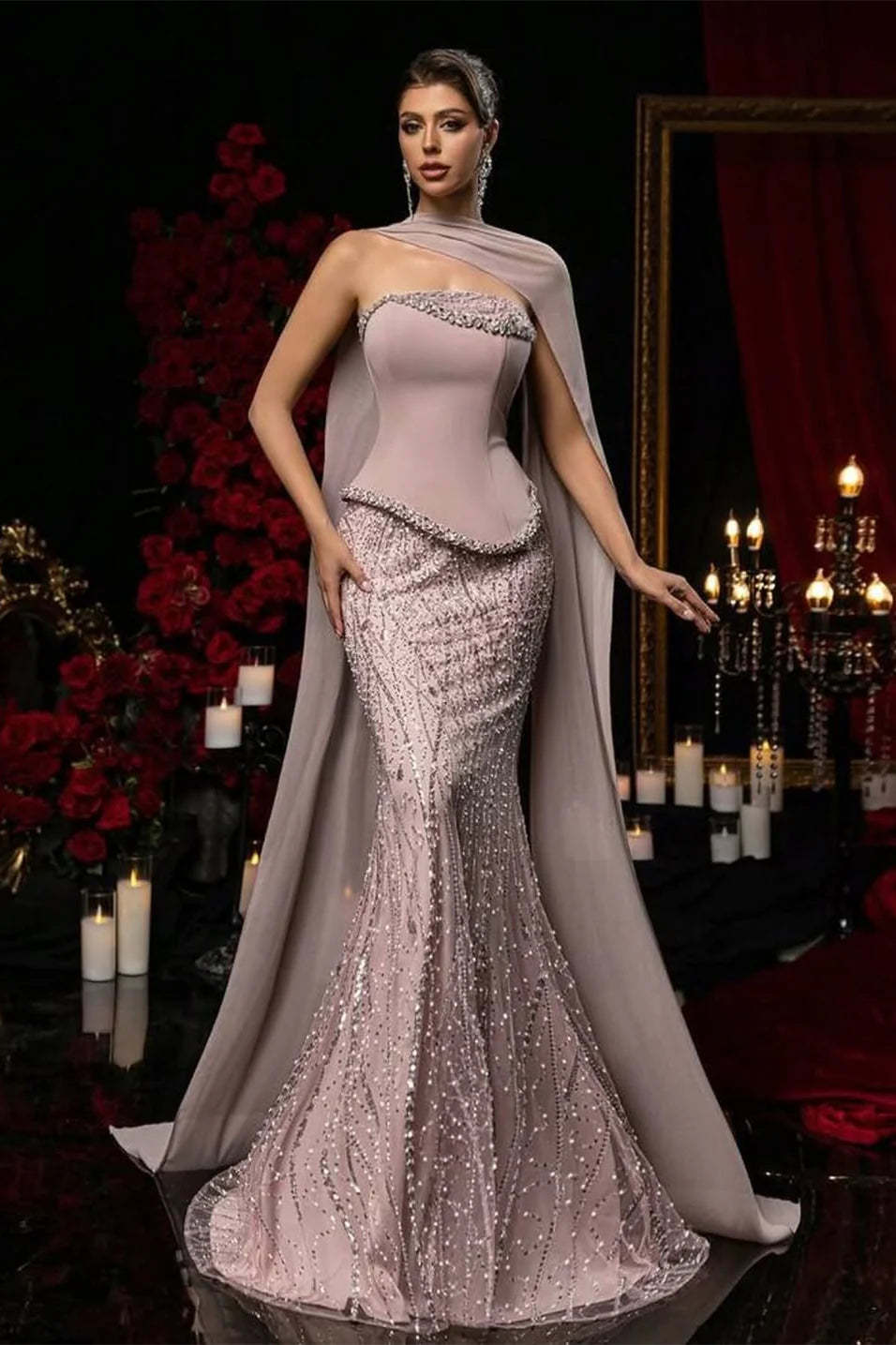 Charming Strapless Beadings Satin Prom Dress Mermaid with Cape