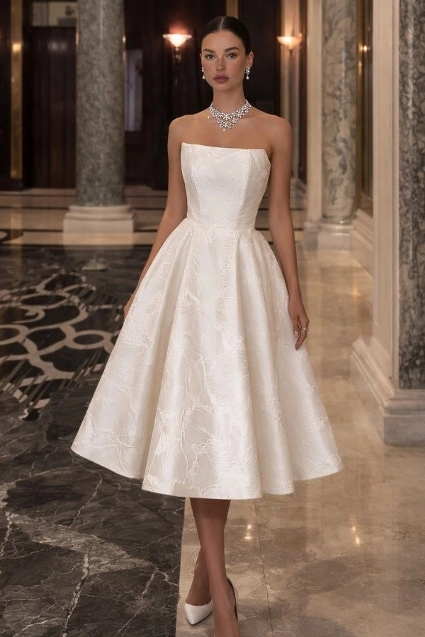 Vintage Strapless Satin Aline Wedding Dress Tea Length Sleeveless with Floral