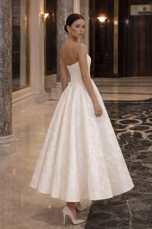 Vintage Strapless Satin Aline Wedding Dress Tea Length Sleeveless with Floral