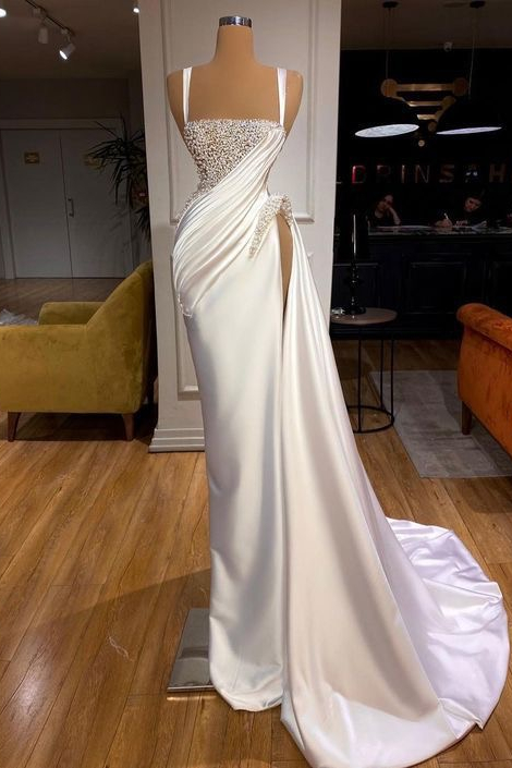 Straps White Pearls Satin Court Train Prom Dresses