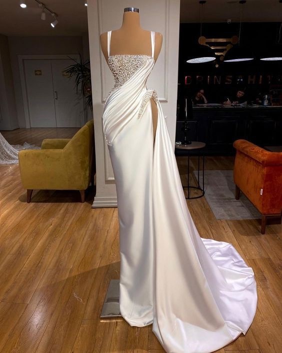 Straps White Pearls Satin Court Train Prom Dresses