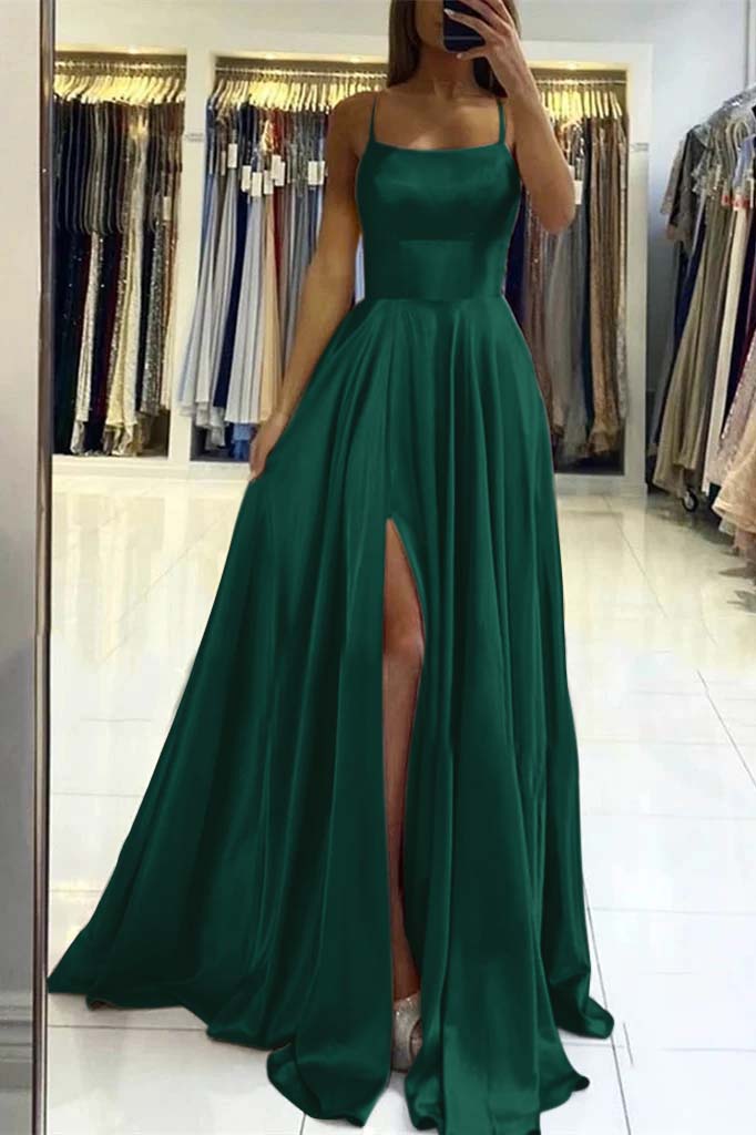Stunning Spaghetti Straps Satin Evening Dress with Side Slit