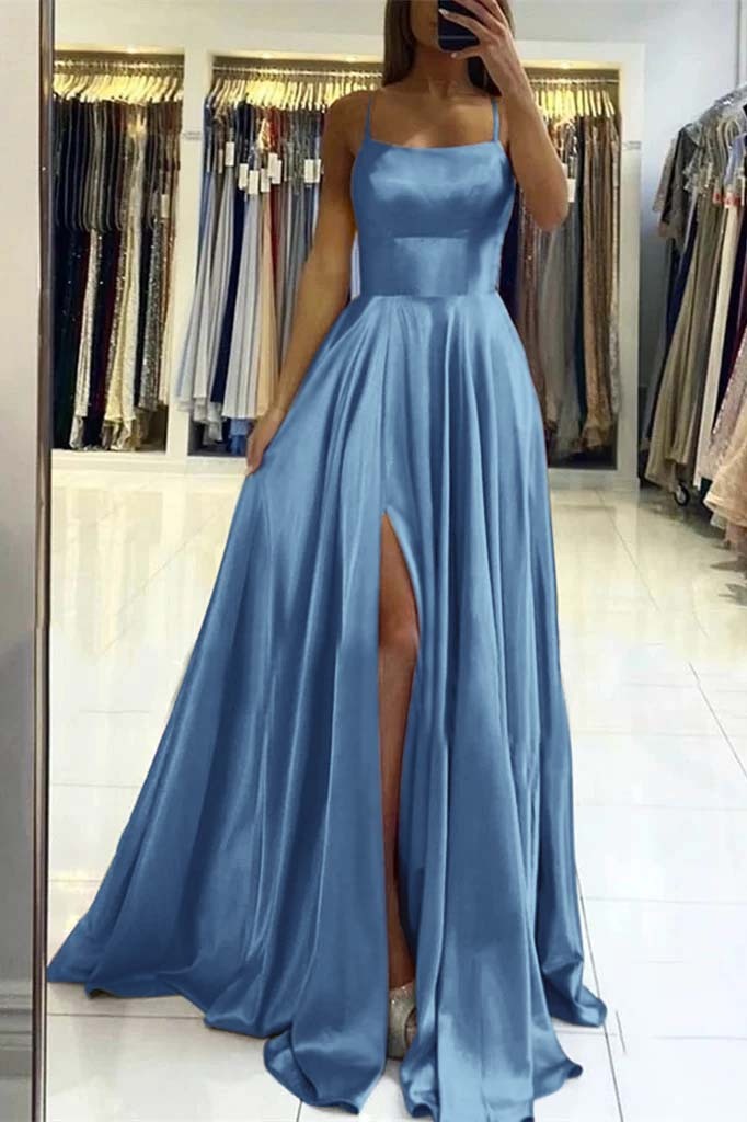 Stunning Spaghetti Straps Satin Evening Dress with Side Slit