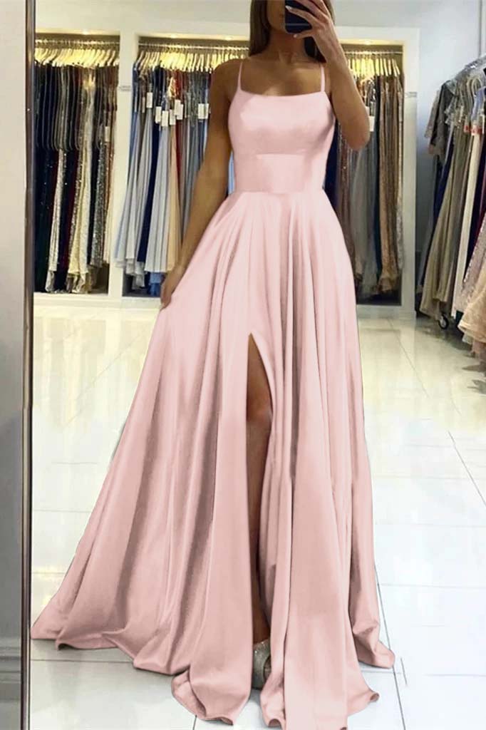 Stunning Spaghetti Straps Satin Evening Dress with Side Slit