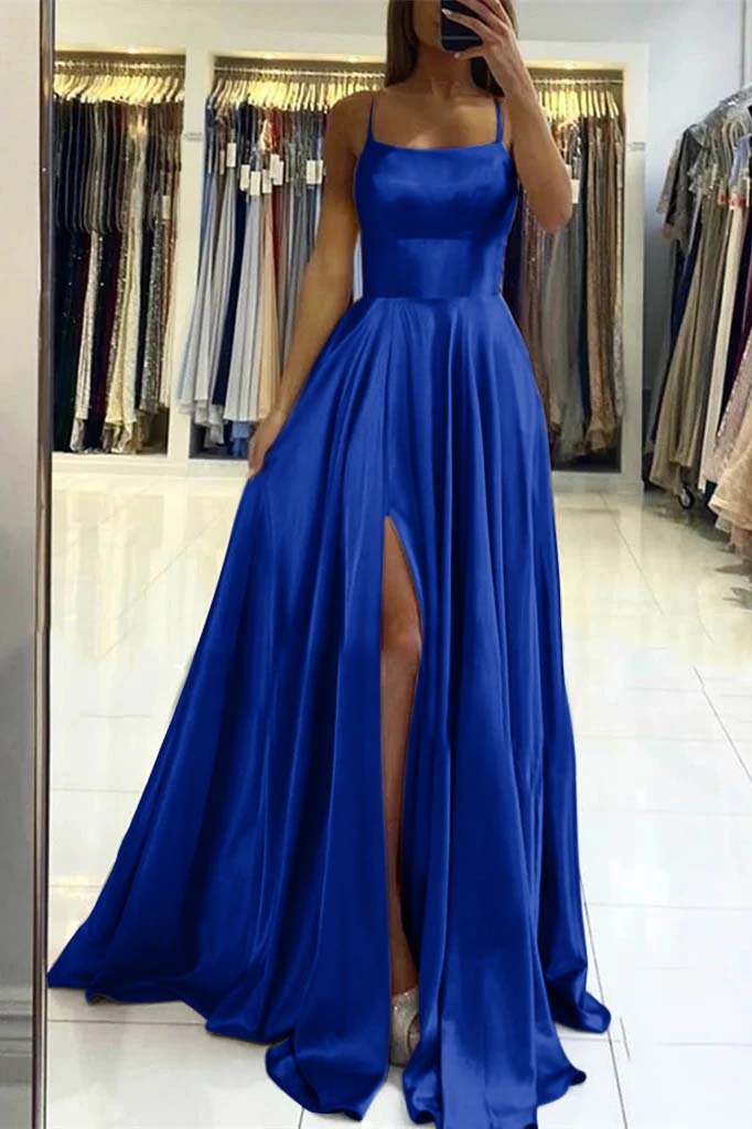Stunning Spaghetti Straps Satin Evening Dress with Side Slit