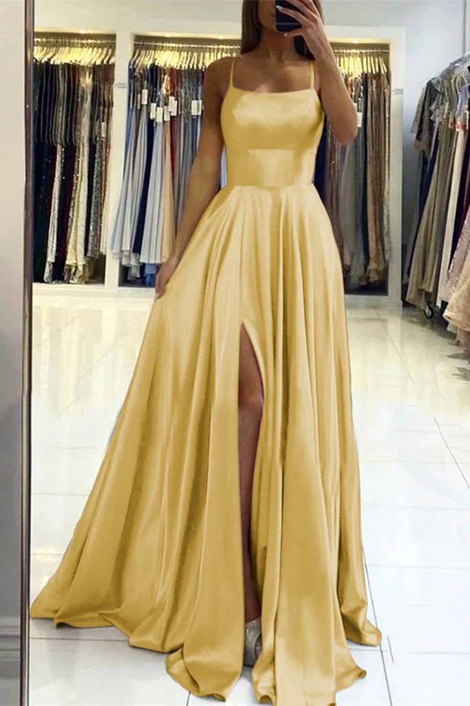 Stunning Spaghetti Straps Satin Evening Dress with Side Slit