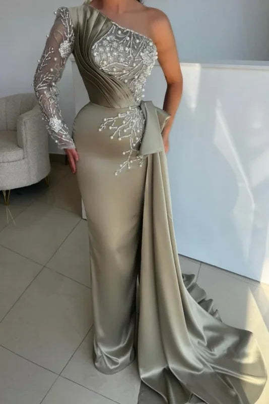 Stylish One Shoulder Beaded Long Sleeves Ruched Satin Prom Dress with Train