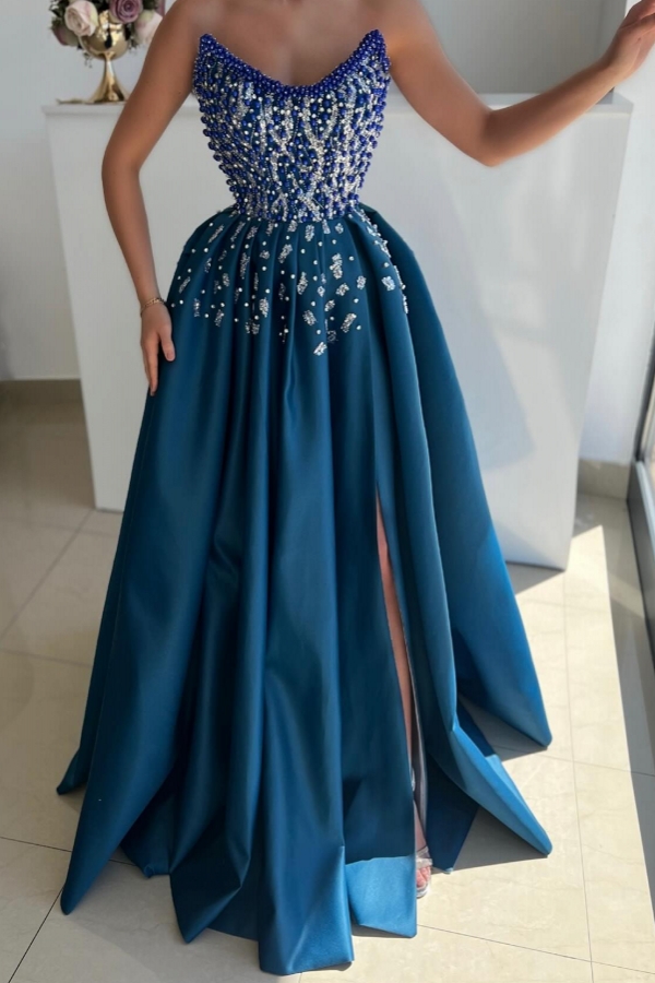 Sweetheart Ink Blue Satin Split Beaded Prom Dresses