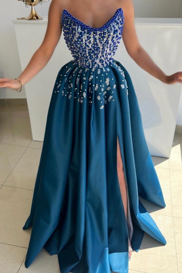 Sweetheart Ink Blue Satin Split Beaded Prom Dresses