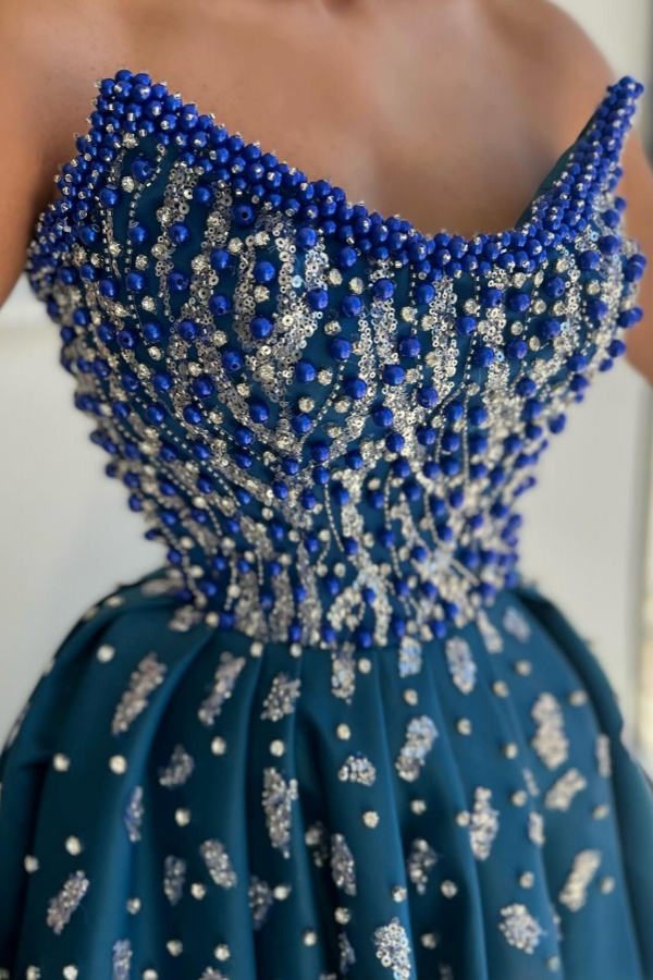 Sweetheart Ink Blue Satin Split Beaded Prom Dresses
