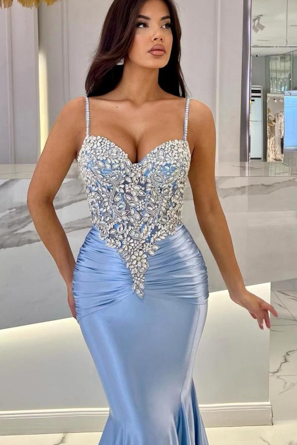 Sweetheart Lace Beaded Blue Mermaid Long Prom Dresses