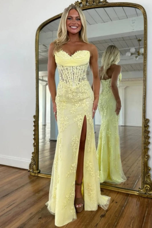 Sweetheart Lace Corset Mermaid Prom Dress Strapless with Split - Prom Dresses