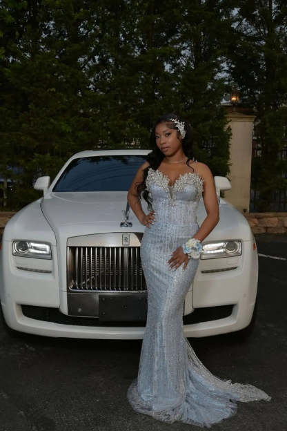Sweetheart Silver Mermaid Prom Dress Long with Beads