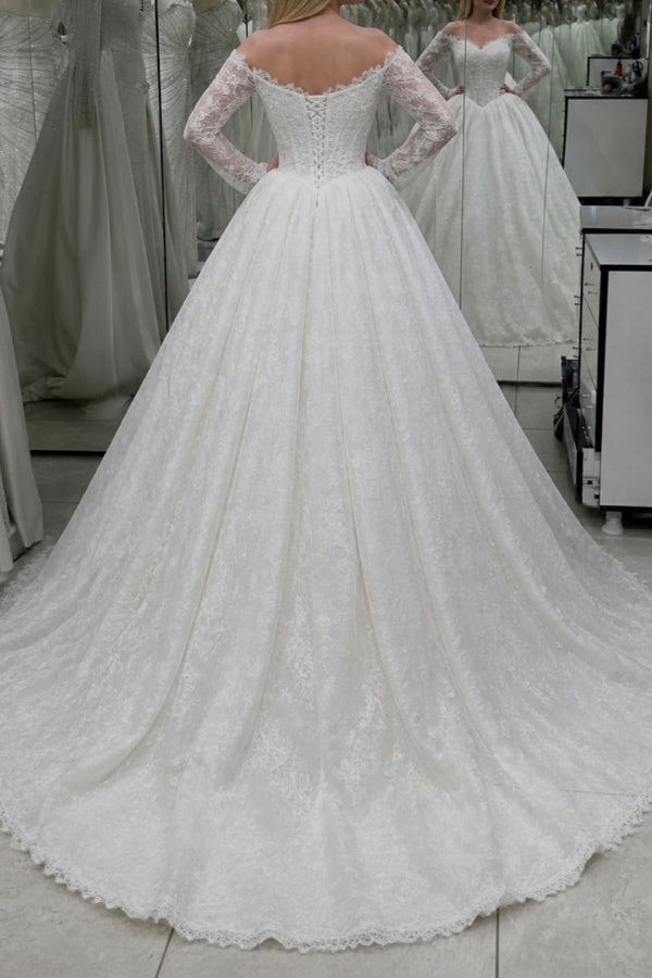 Sweetheart Corset Lace A-Line Wedding Dress with Long Sleeves