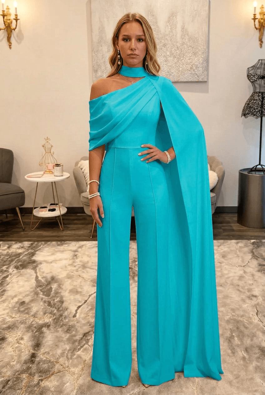 Turquoise Asymmetric Neck One-Shoulder Bridal Formal Jumpsuit with Sash