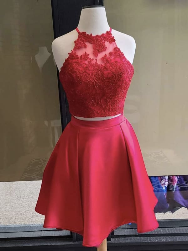 Two Pieces Red Lace Short Prom Dresses Halter Homecoming Dress-Babyonlinewholesale