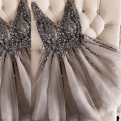 V-neck Beading Sequins Homecoming Dresses Short | Sexy Silver Grey Hoco Dresses