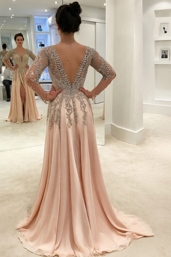 Glamorous V-Neck Long Sleeves Prom Dresses | A-line Crystal Side Slit Evening Gowns