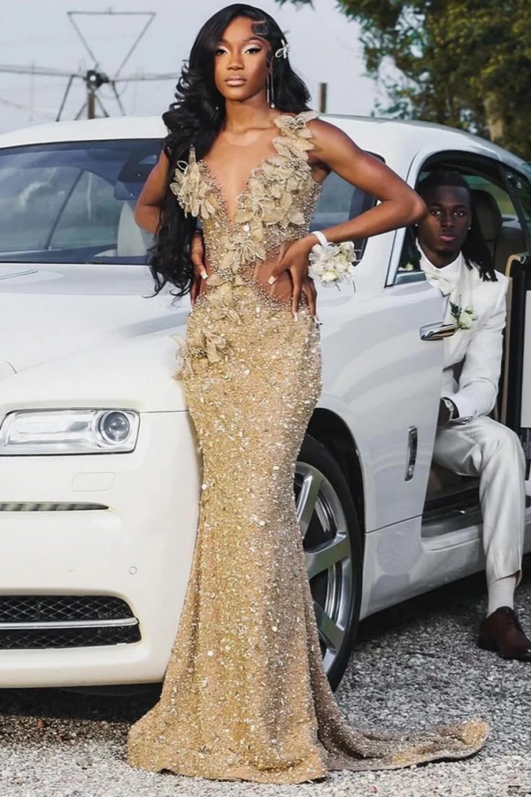 Charming V-neck Sequins Mermaid Prom Dress Long with Flowers