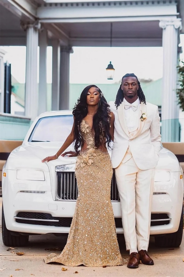 Charming V-neck Sequins Mermaid Prom Dress Long with Flowers