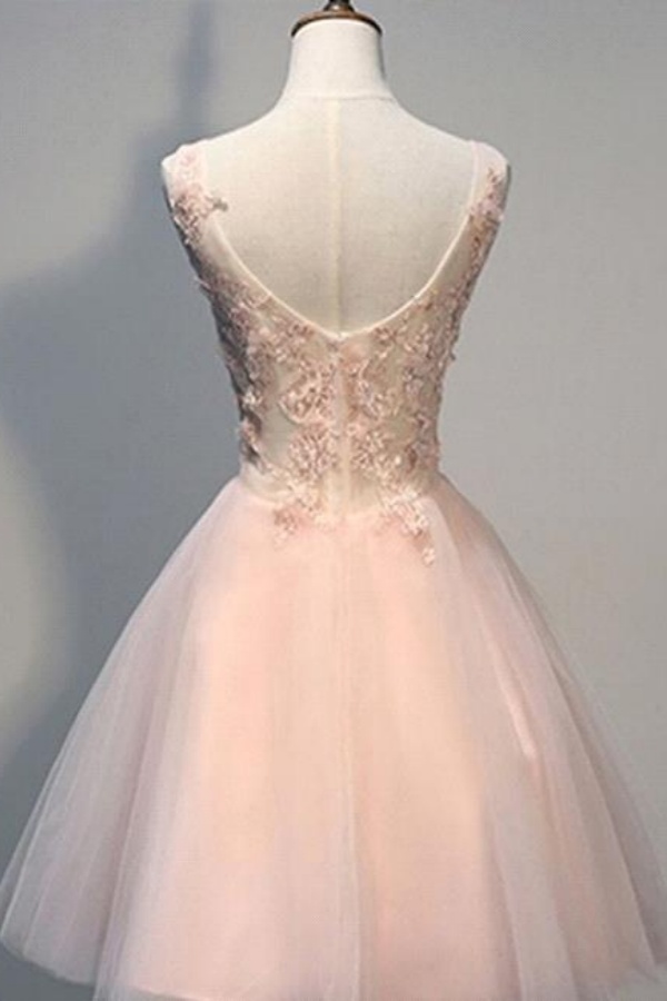 Pink Prom Dresses Evening Dresses Short With Lace Appliques A Line Tulle Evening Wear