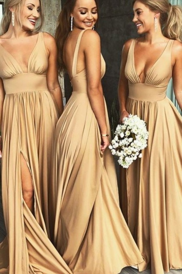 Elegant V-Neck Sleeveless Bridesmaid Dress | Aline Bridesmaid Dress With Slit