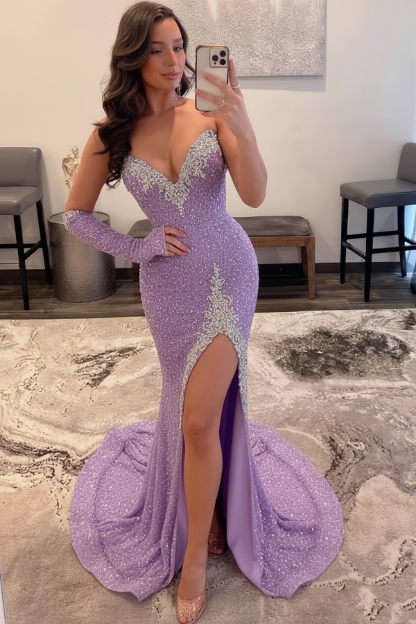 Royal blue Velvet High split Prom dress with Silver Appliques