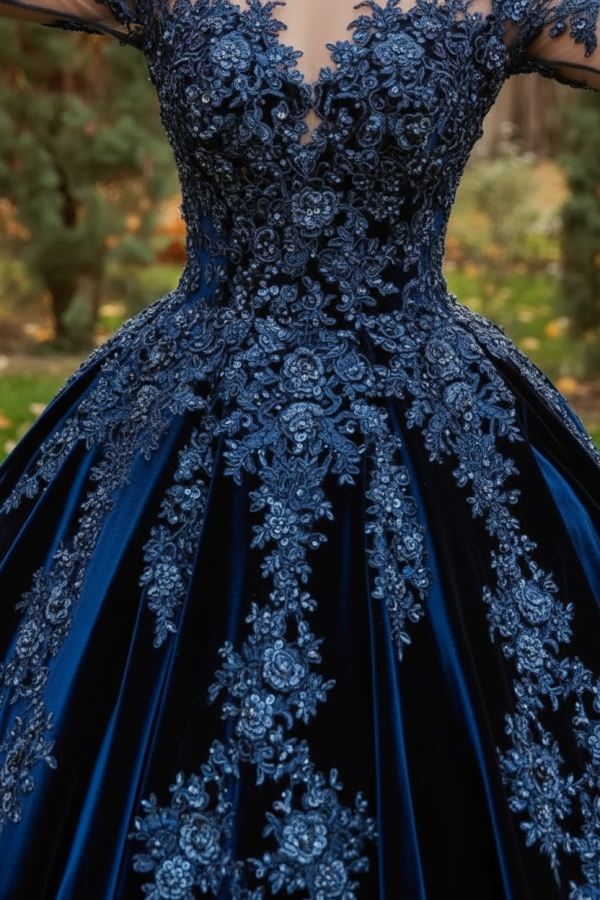 Gorgeous Long Sleeves Velvet Ball Gown with 3D Floral Appliques