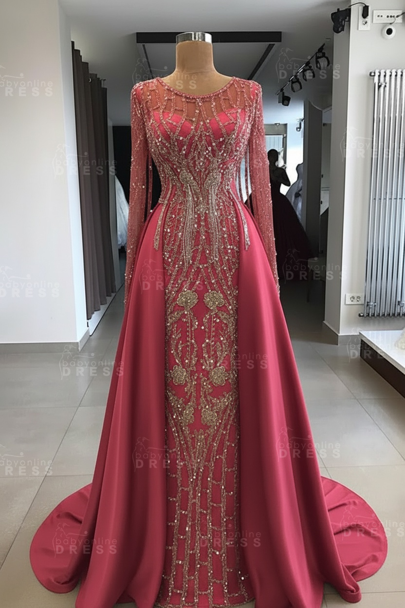 Shining Beaded Long Sleeves Round Neck Prom Dresses With Over Skirt | A Line Evening Gowns