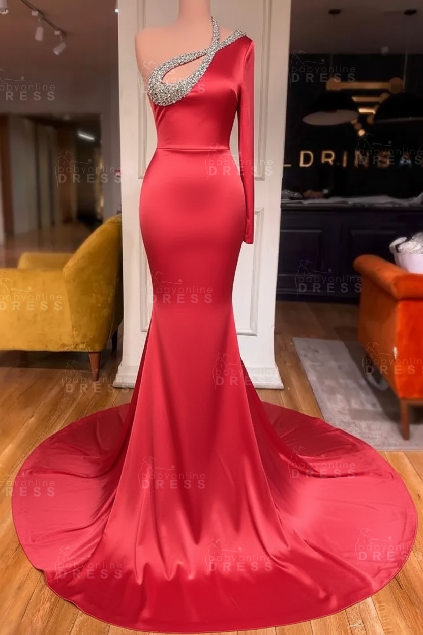 Long sleeves Beaded neckline Black Mermaid Prom Dresses