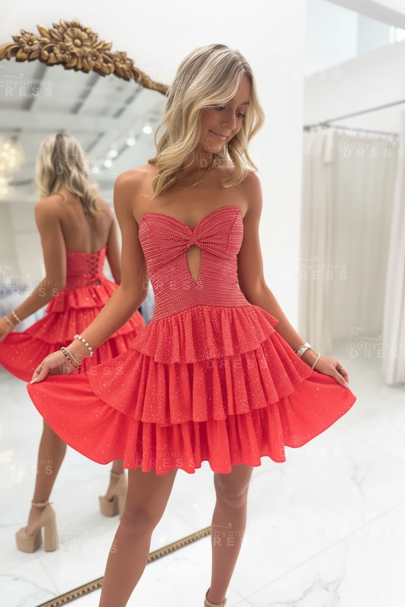 Black Sweetheart Rhinestone Bow Cutout A-Line Tiered Mini Homecoming Dress